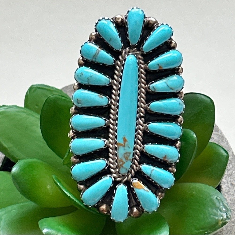 Vintage Dean Brown Navajo Turquoise Cluster Sterling Silver Ring - Picture 4 of 13